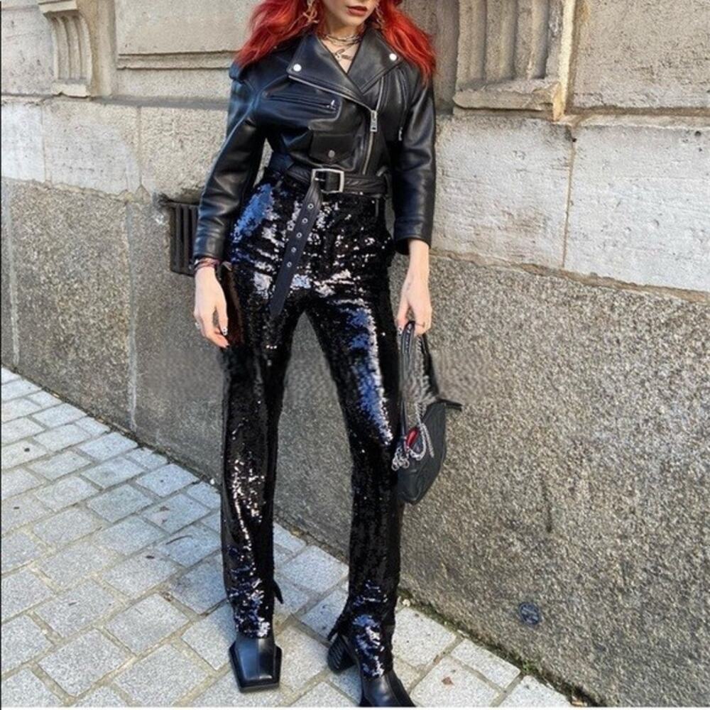 Zara High Waisted Sequin Pants With Side Slit Hem Sequinned Trousers Blogger